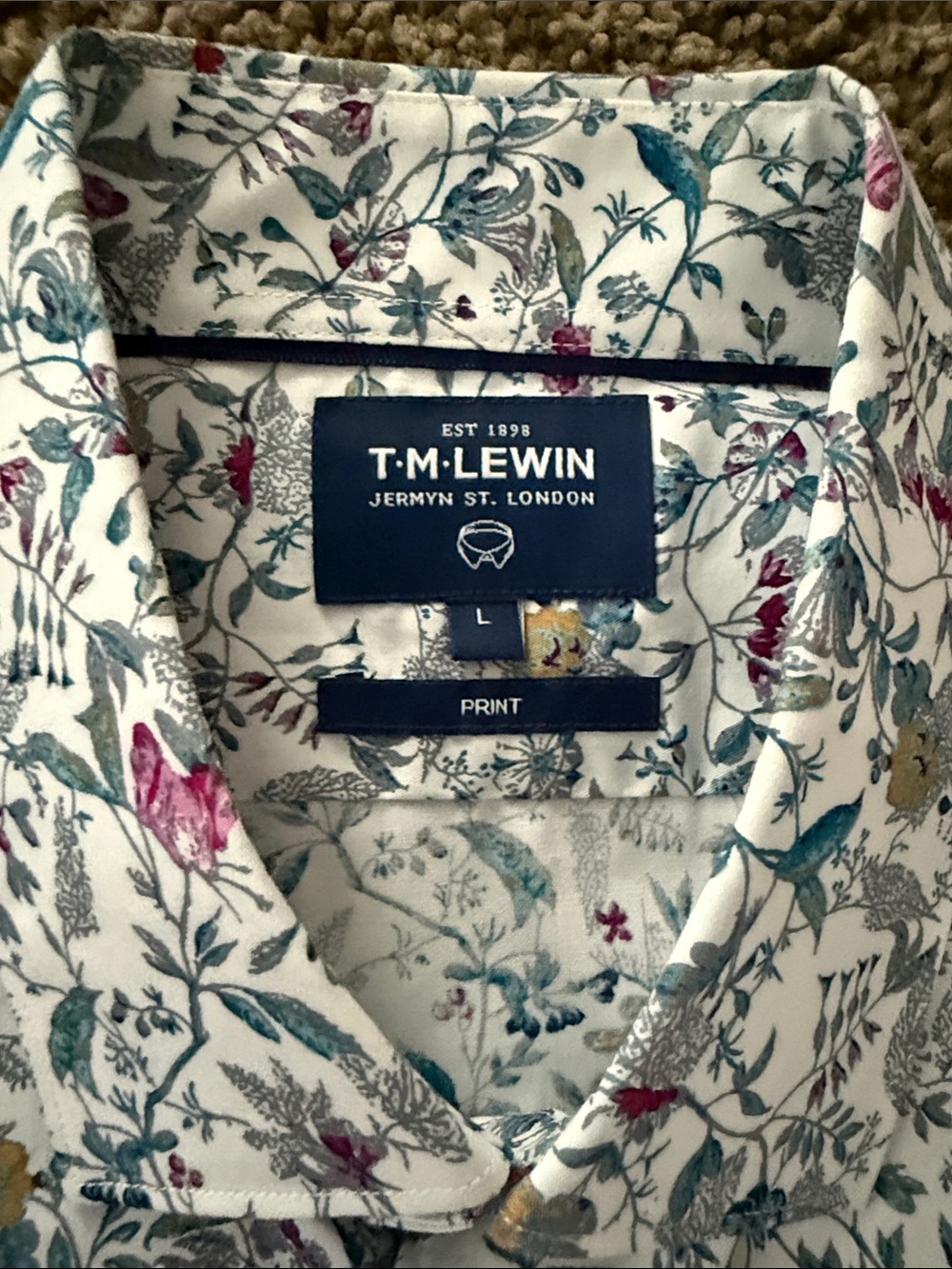 T.M.Lewin White Button-Down Shirt with Teal and Magenta Floral Print